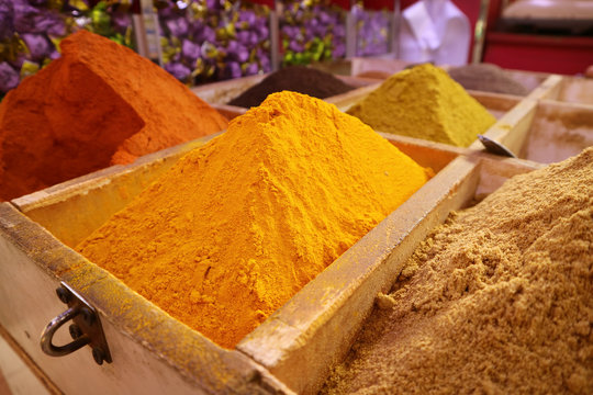 Vibrant yellow spice in the traditional market in Manama, Bahrain