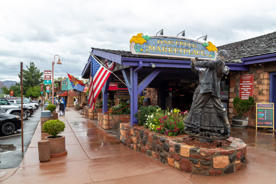 Sedona, Arizona, United States: May 24, 2019: Commercial street with typical american shops on the city of Sedona in Arizona