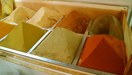 Colorful spices for sale in the famous Manama souq, Manama, Bahrain