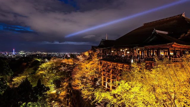 People visiting Kiyomizu dera Temple in Kyoto at night time lapse