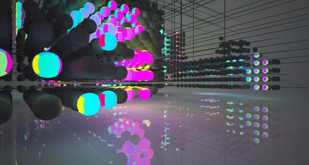Abstract architectural concrete smooth interior from an array of spheres with color gradient neon lighting. 3D illustration and rendering.