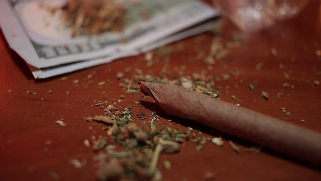 marijuana on the table, preparing to twist the jamb