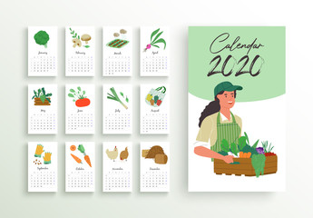 2020 year farmer market calendar planner template - obrazy, fototapety, plakaty