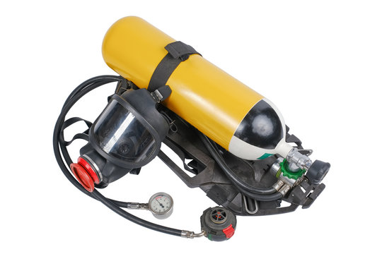 Breathing Air Cylinder Assembly and Full Facepiece Respirator for firefighters isolated