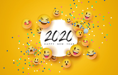 Happy New Year 2020 funny emoticon face card - obrazy, fototapety, plakaty