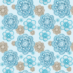 Watercolor Seamless pattern Hobby Crochet flower. Collection of hand drawn light blue, gray colors flowers elements of Crocheting and knitting on blue background
