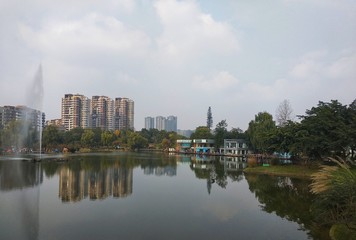 beautiful landscape of a lake with reflection in the water 