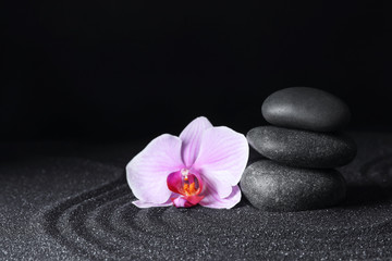 Fototapeta na wymiar Spa stones and orchid flower on black sand with beautiful pattern, space for text. Zen concept