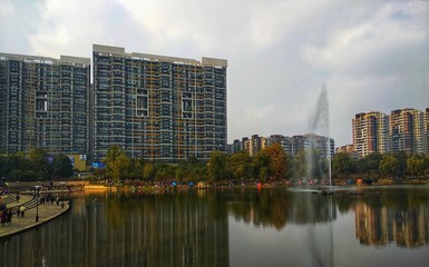 beautiful landscape of a lake with reflection in the water 