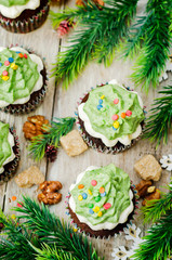 Chocolate cupcakes with green frosting and sprinkles on holiday