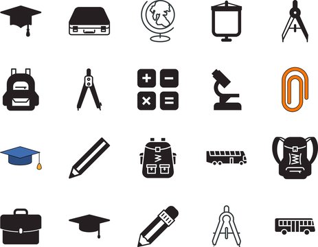 school vector icon set such as: discovery, educate, silhouette, graduating, biology, world, dividers, medical, email, calculate, financial, industry, line, plan, geometric, calculator, presentation