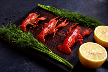 Plate with boiled crayfishes on rustic wooden table. Dill. Top view