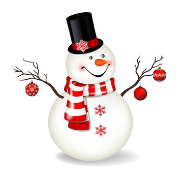Snowman with top-hat and scarf isolated on white
