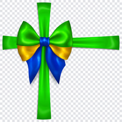 Beautiful bow in colors of Brazil flag with crosswise ribbons with shadow on transparent background. Transparency only in vector format