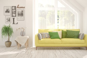 Stylish room in white color with sofa. Scandinavian interior design. 3D illustration