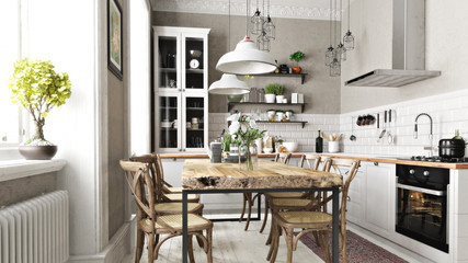 Scandinavian contemporary style kitchen with eating area and simplistic accents. 3d rendering - obrazy, fototapety, plakaty