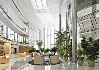 Large open concept contemporary atrium style resort lobby interior. 3d rendering