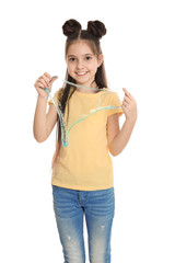 Fototapeta premium Little girl with slime on white background