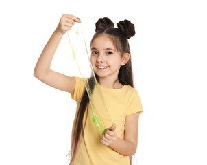 Little girl with slime on white background