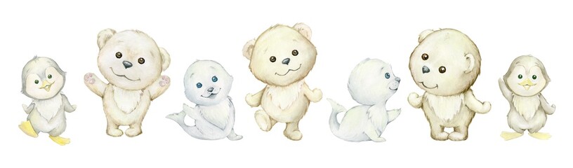 Cute seals, white bear,penguins. Watercolor, winter set. Cute polar animals on white background.