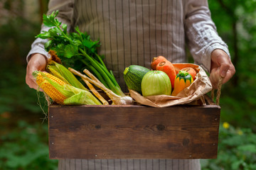 Woman holding big basket with vegetables from garden