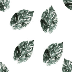 Green and White Abstract leaves silhouette seamless pattern. Hand drawn leaf silhouettes with scribble textures. Natural elements in monochrome colors.  grunge design for paper, fabric