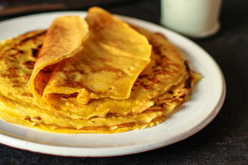 pancakes fritter crepe (delicious dessert or breakfast snack) menu concept. food background. top view. copy space