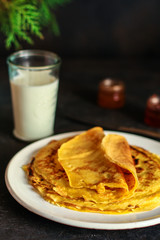pancakes fritter crepe (delicious dessert or breakfast snack) menu concept. food background. top view. copy space