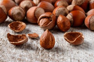 heap of hazelnuts on the table