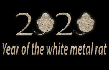 Sand texture lettering 2020 with rats instead of zeros. New Year. Congratulation with yellow texture on black background. The year of the white metal rat. Mouse in the form of zero.