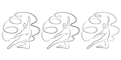 Collection. Silhouette of a cute lady, she is engaged in rhythmic gymnastics with a ribbon. The woman is overweight and slender girl athlete. Vector illustration set.