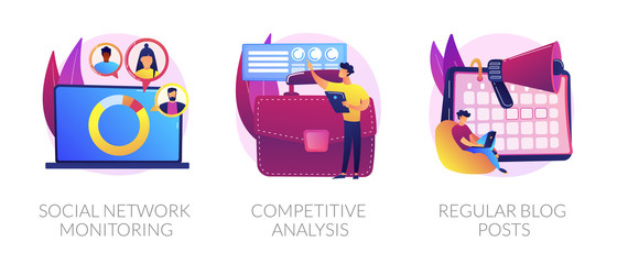 Business analytics, digital marketing icons set. Online promotion service. Social network monitoring, competitive analysis, regular blog posts metaphors. Vector isolated concept metaphor illustrations