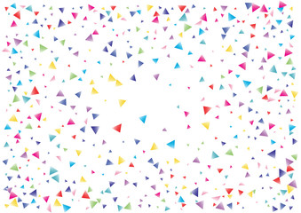 Festive color triangle confetti background. Abstract frame confetti texture for holiday, postcard, poster, website, carnival, birthday, children's parties. Cover confetti mock-up. Wedding card layout