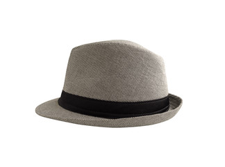 Side view of black and white hat with band. Head dress isolated on white