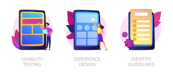 App prototyping icons set. User friendly interface development, branding plan. Usability testing, experience design, identity guidelines metaphors. Vector isolated concept metaphor illustrations