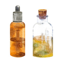 Watercolor glass bottle and brown dropper