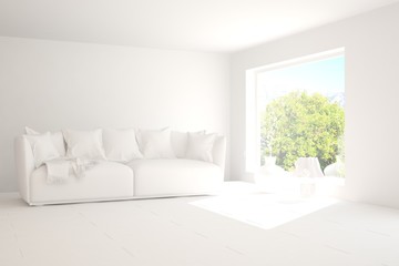 Mock up of stylish room in white color with sofa. Scandinavian interior design. 3D illustration