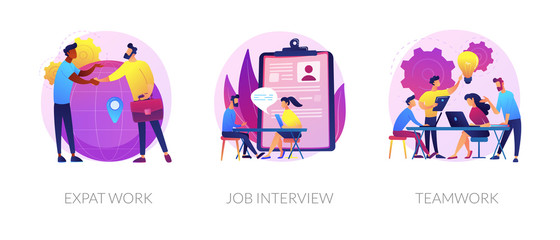 Fototapeta premium Employment stages icons set. Recruitment service searching candidates. Coworkers business meeting. Expat work, job interview, teamwork metaphors. Website web page template - concept metaphors.