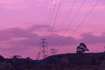 electricity pylon at the sunset