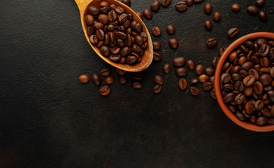 coffee beans on stone background, with copy space for your text