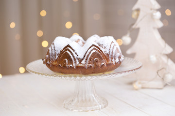 homemade cake with blurred lights background. cake with sugar powder.