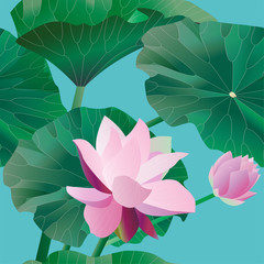Two pink lotus on stalks with leaves on a black background. Vector illustration, objects with transparency. Seamless pattern. Tropical flowers. Invitation, card.