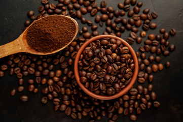 coffee beans on stone background, close-up
