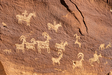 Ute Petroglyphs, Delicate arch hiking trail, Arches National Park, adjacent to the Colorado River,...