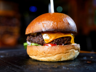 Meaty hamburger in a restaurant