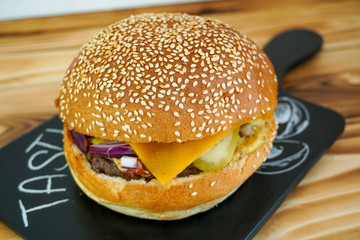 Meaty hamburger in a restaurant