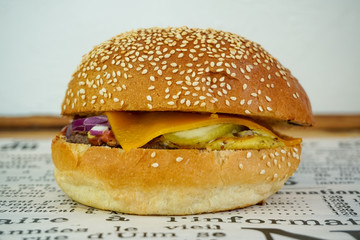 Meaty hamburger in a restaurant