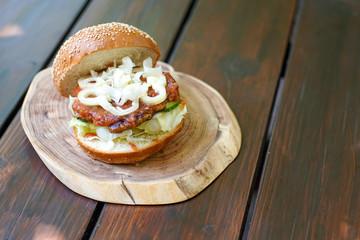Meaty hamburger in a restaurant