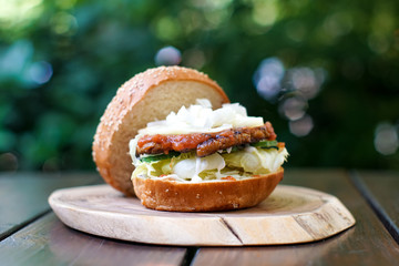 Meaty hamburger in a restaurant