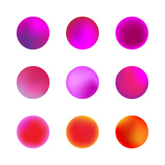 Vector set of holographic gradient sphere. Pink or violet neon circle gradients. Colorful round buttons isolated on white background.